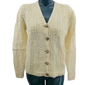 Vintage Wool Knit Cardigan Sweater Cream Beige Gold Button Aran Grannycore M